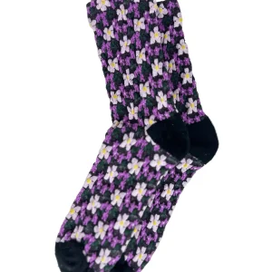 Calcetines Mujer Flores Fruncidas Morado Blanca Puntera Negra